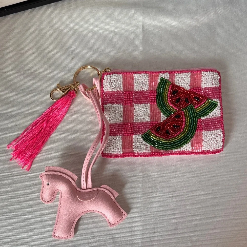 Pink Beaded Watermelon Key & Card Holder NWOT